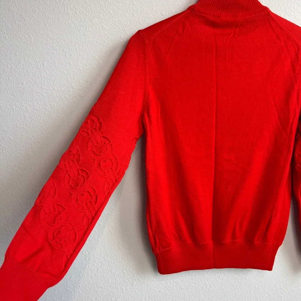 Tory Burch Gemini Red Merino Wool Turtleneck Sweater Textured‎ Monogram Red XS